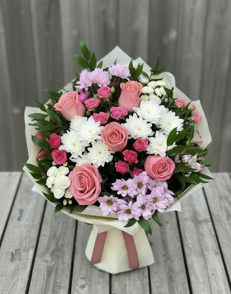 Букет цветов из: Альстромерии, Гвоздики, Розы и Хризантемы в Поселок Чайковского