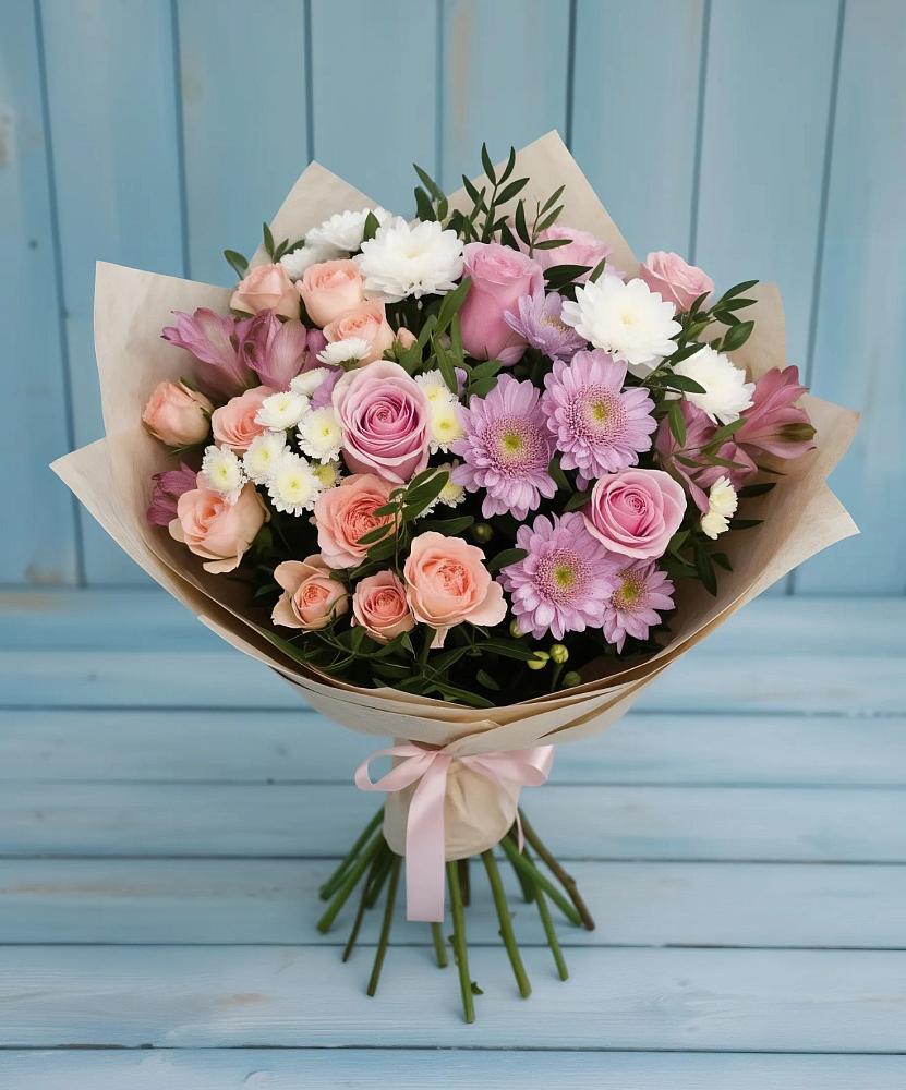 Букет цветов из: Хризантемы, Розы и Альстромерии в Поселок Чайковского