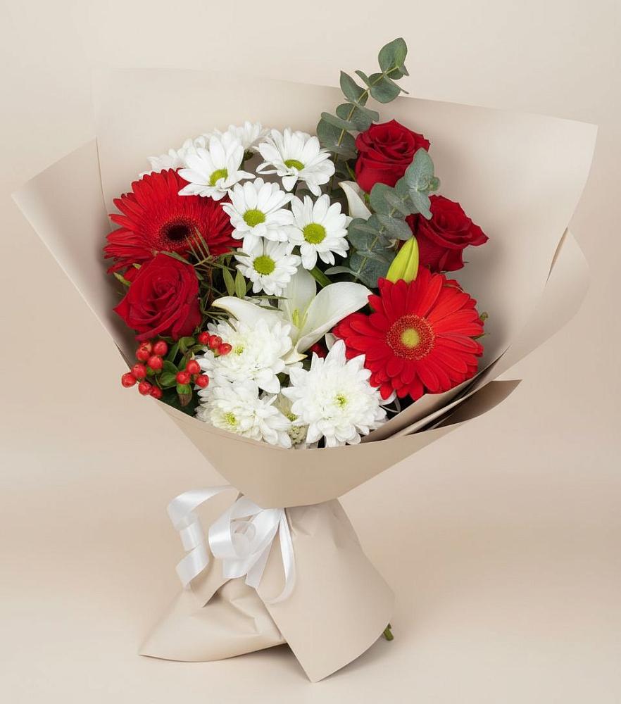 Букет цветов из: Розы, Хризантемы, Герберы и Лилии в Поселок Чайковского