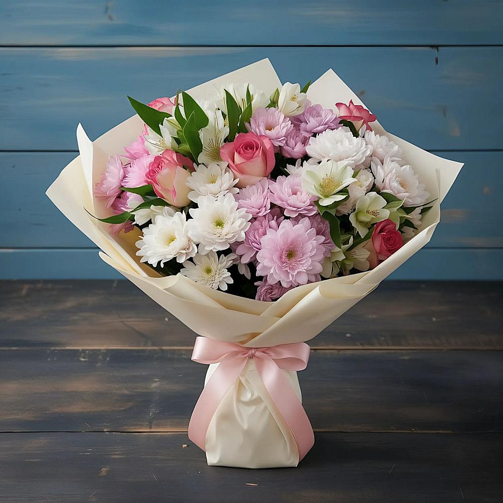 Букет цветов из: Хризантемы, Альстромерии и Розы в Поселок Чайковского